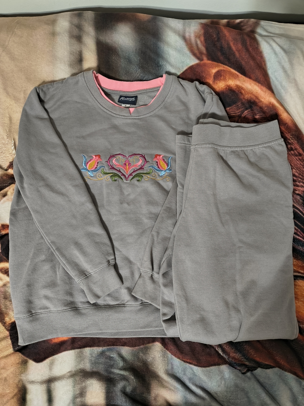 Pembrook Gray Sweat Set Pajama Set with Pink Trim and Embroidered Heart